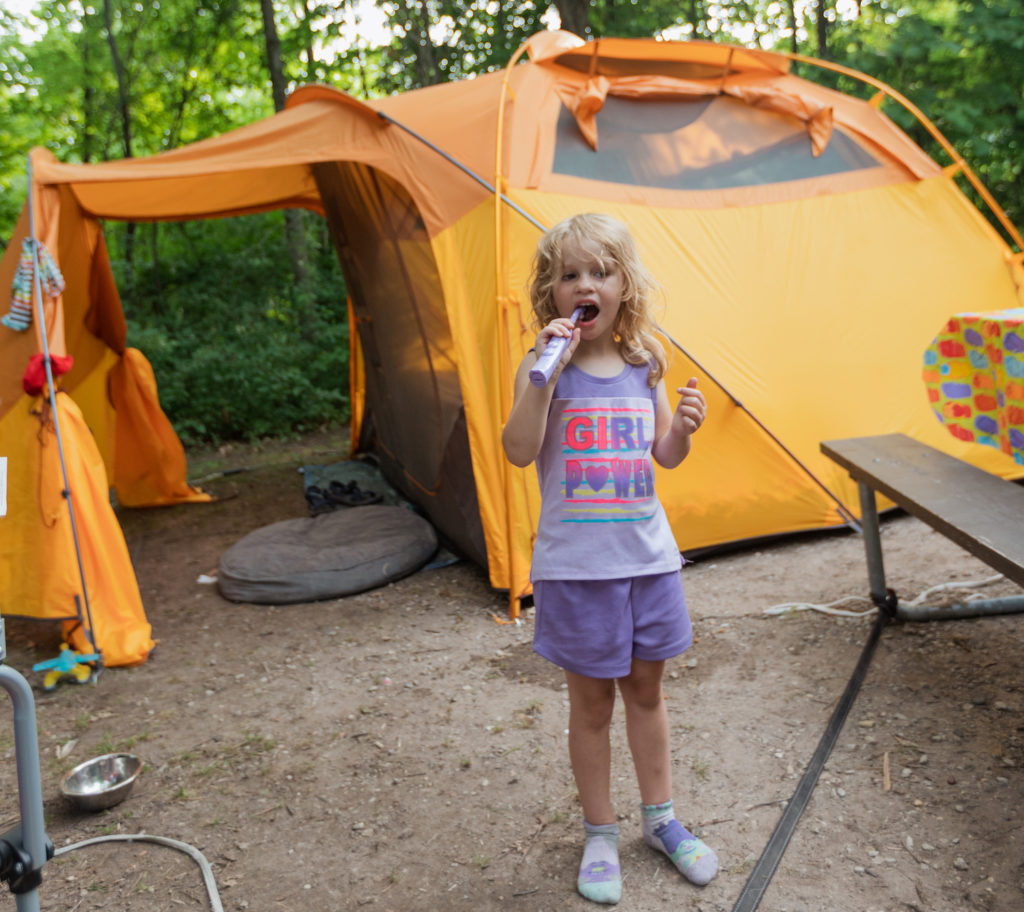 brushing teeth tent camping